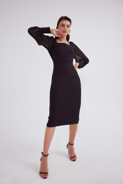 Chiffon Sleeve Crepe Dress - Black - 2