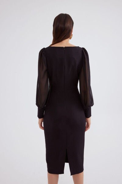 Chiffon Sleeve Crepe Dress - Black - 4