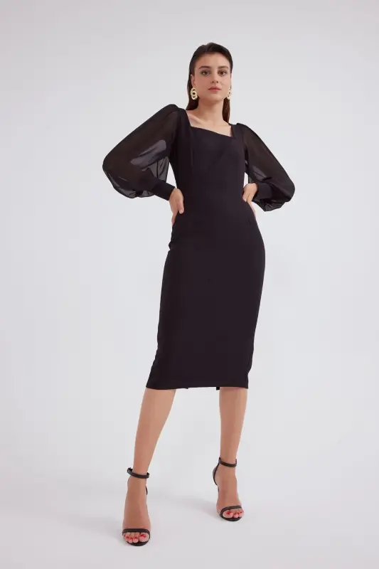 Chiffon Sleeve Crepe Dress - Black - SATEEN