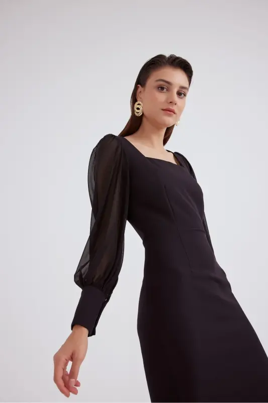 Chiffon Sleeve Crepe Dress - Black - 3