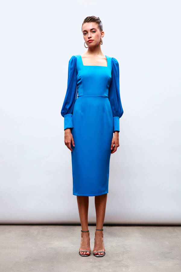 Chiffon Sleeve Crepe Dress - BLUE - 1