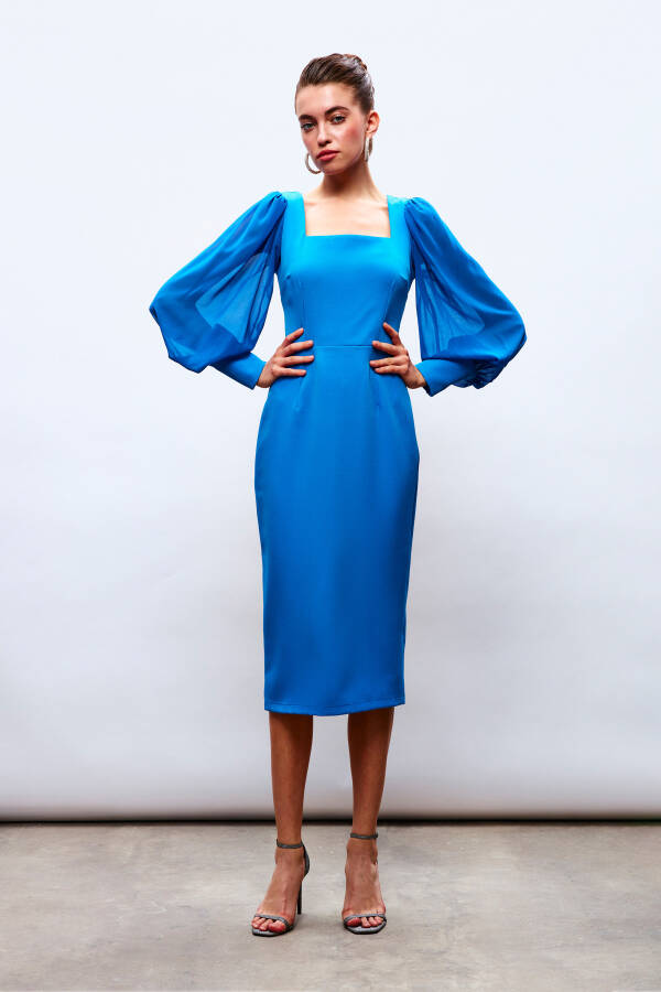 Chiffon Sleeve Crepe Dress - BLUE - 2