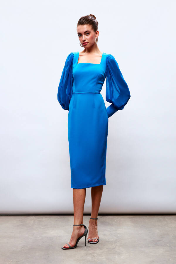 Chiffon Sleeve Crepe Dress - BLUE - 3