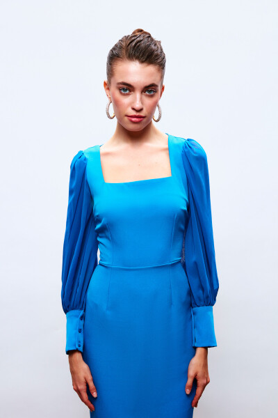 Chiffon Sleeve Crepe Dress - BLUE - 4