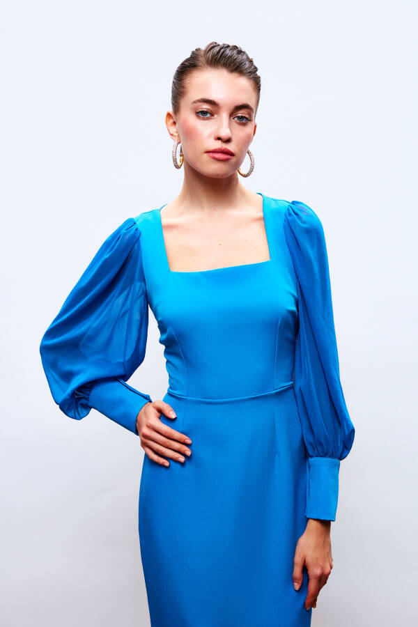 Chiffon Sleeve Crepe Dress - BLUE - 5