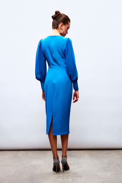 Chiffon Sleeve Crepe Dress - BLUE - 6