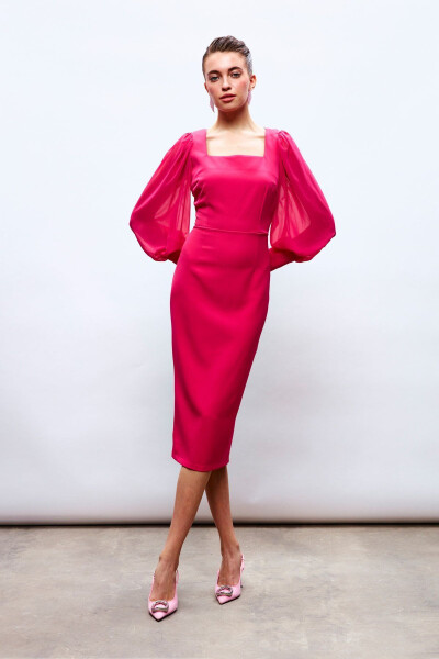 Chiffon Sleeve Crepe Dress - FUCHSIA - 1