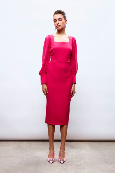 Chiffon Sleeve Crepe Dress - FUCHSIA - 2