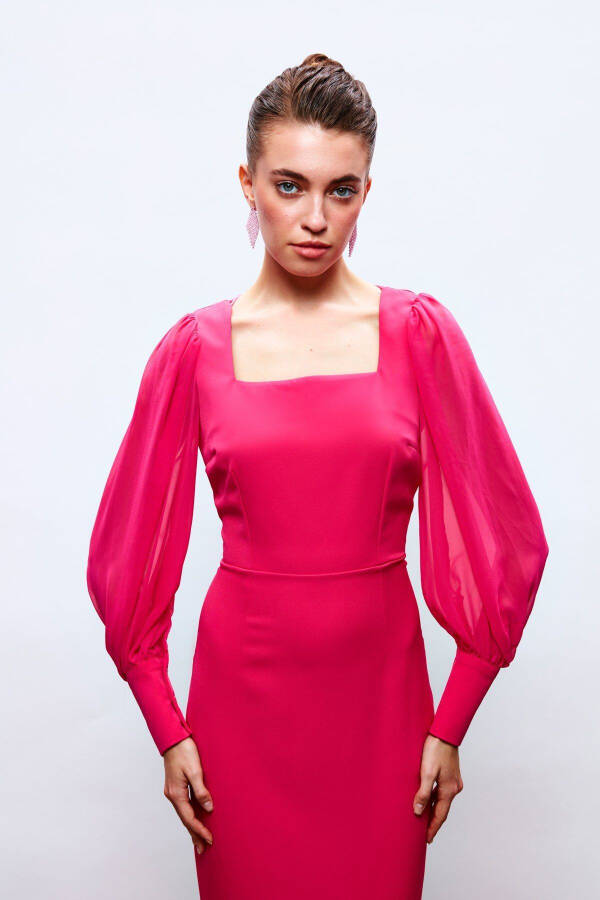 Chiffon Sleeve Crepe Dress - FUCHSIA - 3