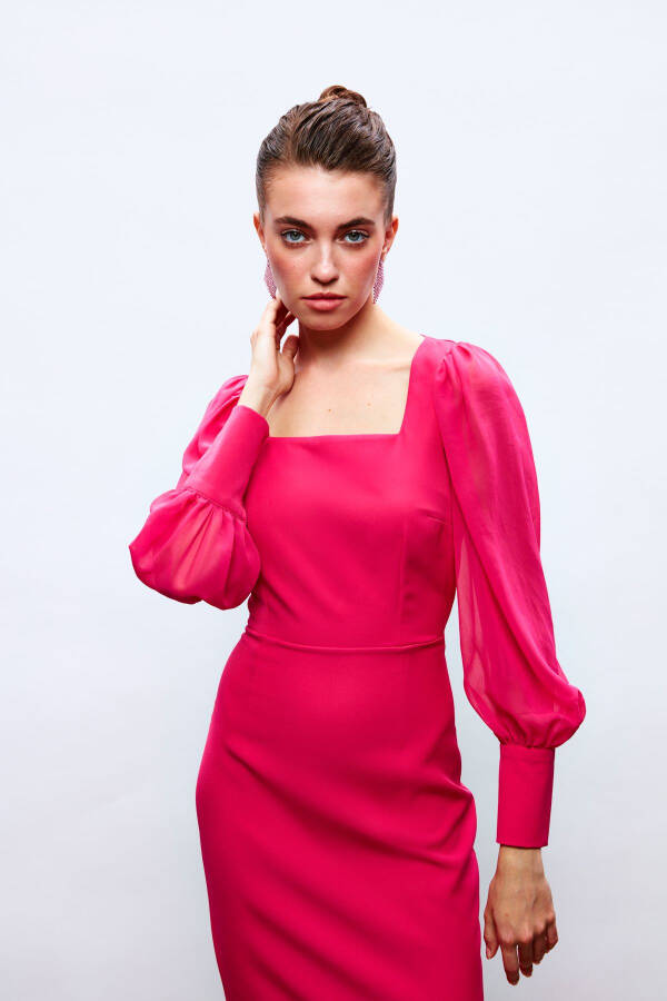 Chiffon Sleeve Crepe Dress - FUCHSIA - 4