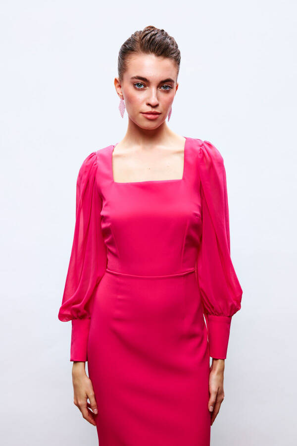 Chiffon Sleeve Crepe Dress - FUCHSIA - 5