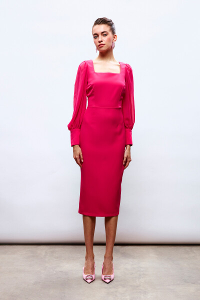 Chiffon Sleeve Crepe Dress - FUCHSIA - 9