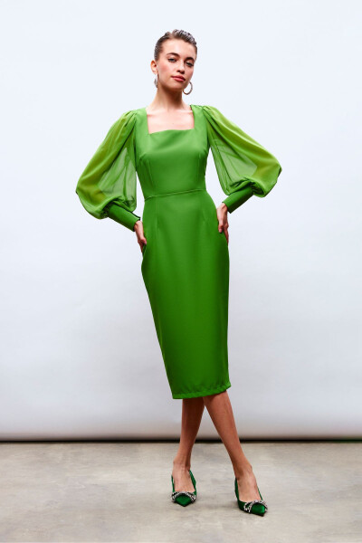 Chiffon Sleeve Crepe Dress - GREEN - 1