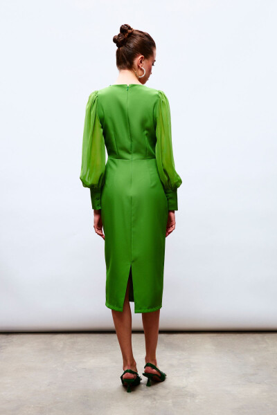 Chiffon Sleeve Crepe Dress - GREEN - 4