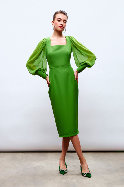 Chiffon Sleeve Crepe Dress - GREEN - 5