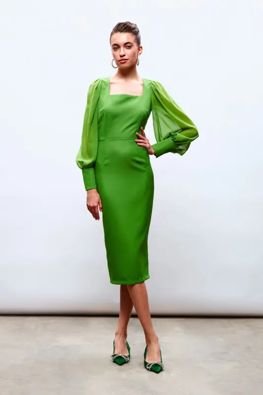 Chiffon Sleeve Crepe Dress - GREEN-GREEN - 2