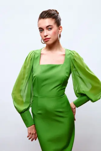 Chiffon Sleeve Crepe Dress - GREEN-GREEN - 3