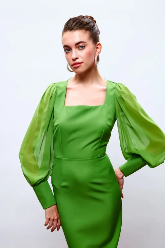 Chiffon Sleeve Crepe Dress - GREEN-GREEN - 3