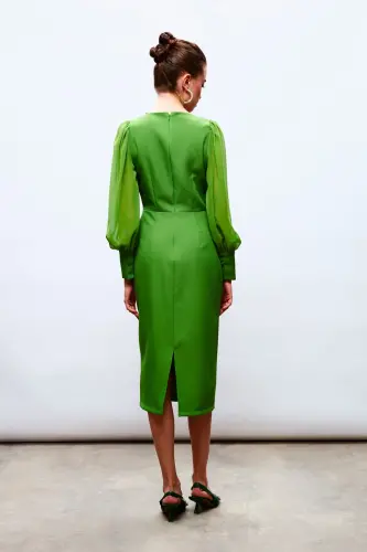 Chiffon Sleeve Crepe Dress - GREEN-GREEN - 4