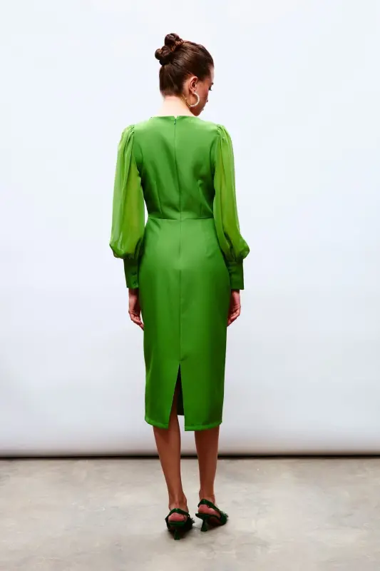 Chiffon Sleeve Crepe Dress - GREEN-GREEN - 4