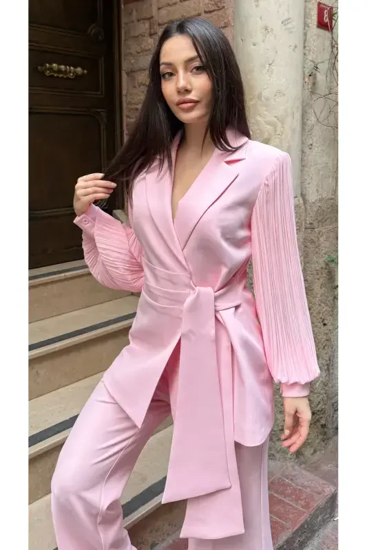 CHIFFON SLEEVE TWO-PIECE SET-Pink - VUNTAL BUTİK