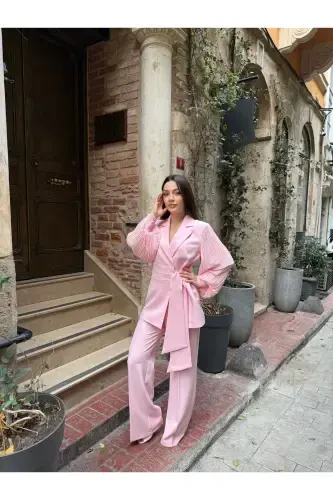 CHIFFON SLEEVE TWO-PIECE SET-Pink - 3