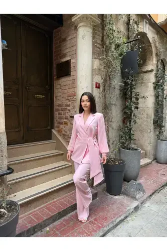 CHIFFON SLEEVE TWO-PIECE SET-Pink - 5