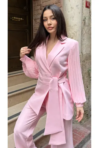 CHIFFON SLEEVE TWO-PIECE SET-Pink 