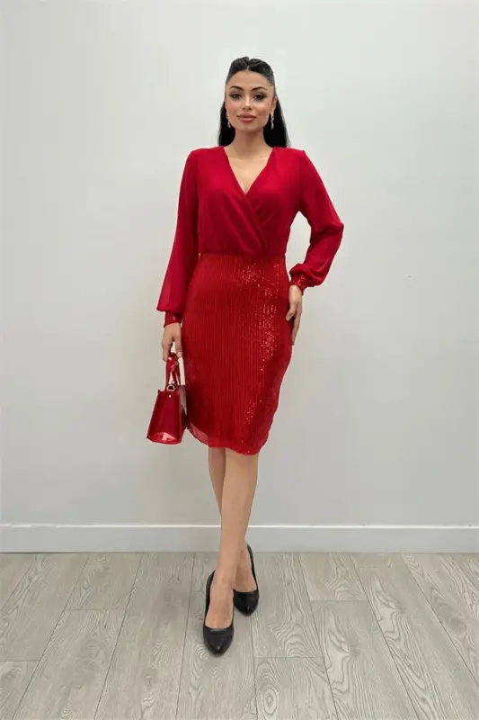Chiffon Top and Sequin Bottom Dress - RED - BÜYÜKBEDENIZ