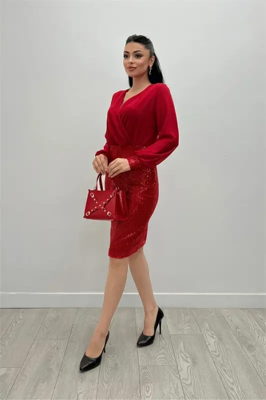 Chiffon Top and Sequin Bottom Dress - RED - 2
