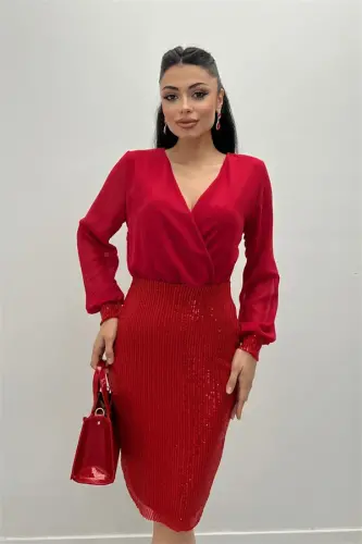 Chiffon Top and Sequin Bottom Dress - RED - 4
