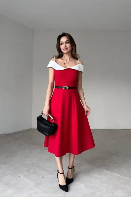 Chift Rang Midi Kamarli Ko'ylak-BOBROSS QIZIL - ALFUDO MODA COLLECTION