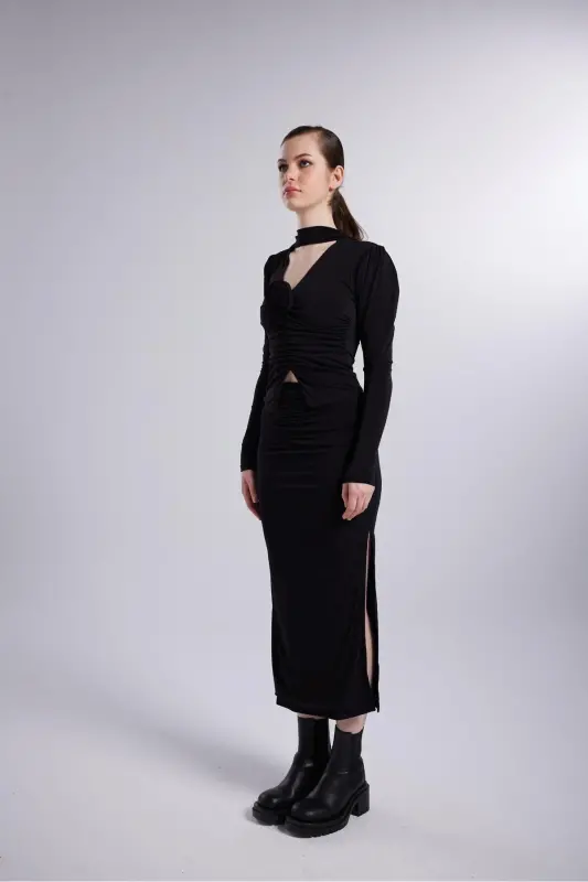 Chift Yirtmachli Maxi Serre Etek Qora - 4