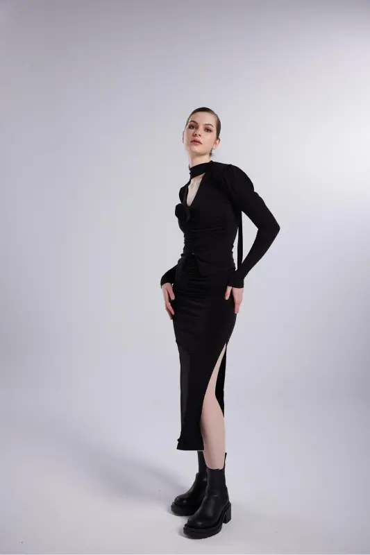 Chift Yirtmachli Maxi Serre Etek Qora - 2