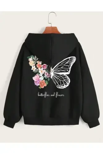 Child Colorful Floral Butterfly Printed Black Zippered Cardigan-black2 - 1