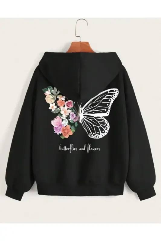 Child Colorful Floral Butterfly Printed Black Zippered Cardigan-black2 - MORNİNG KİDS
