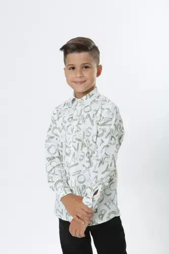 Child White Waffle Fabric Green Letter Patterned Shirt-whitegreen - 1