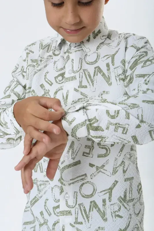 Child White Waffle Fabric Green Letter Patterned Shirt-whitegreen - 2