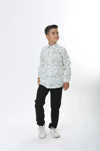 Child White Waffle Fabric Green Letter Patterned Shirt-whitegreen - 3