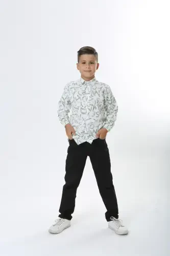 Child White Waffle Fabric Green Letter Patterned Shirt-whitegreen - 4