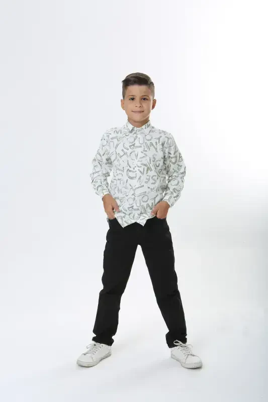 Child White Waffle Fabric Green Letter Patterned Shirt-whitegreen - 4