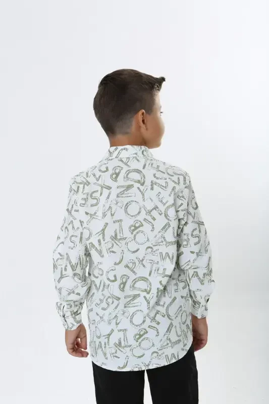 Child White Waffle Fabric Green Letter Patterned Shirt-whitegreen - 5