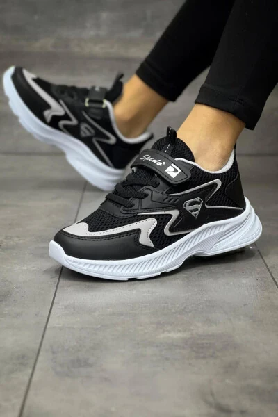 Children's Black Lace-Up Single Velcro Flexible Lightweight Breathable Unisex Mesh Sneaker Sports Shoe - 4