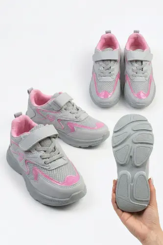 Children's Grey Pink Lace-up Single Velcro Flexible Lightweight Breathable Unisex Mesh Sneaker Sports Shoe-Grey - 6