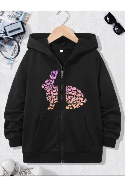 Children's Hooded Boys-Girls Printed Black Grey Zippered Jacket - 9