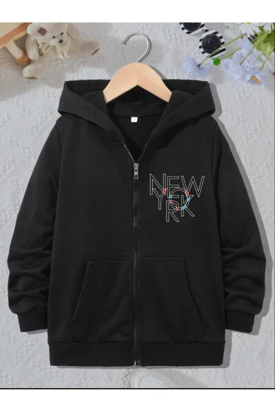 Children's Hooded Unisex Printed Black Gray Zippered Jacket - 8