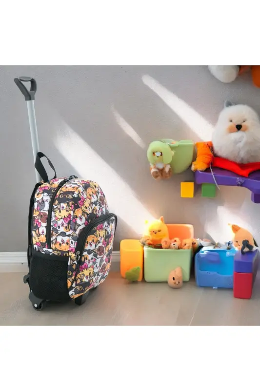 Children's Kindergarten Nursery Wheeled Bag 2 Compartments with Water Bottle Pocket Daily Use Printed Preschool Bag-Colorful Cat - 5