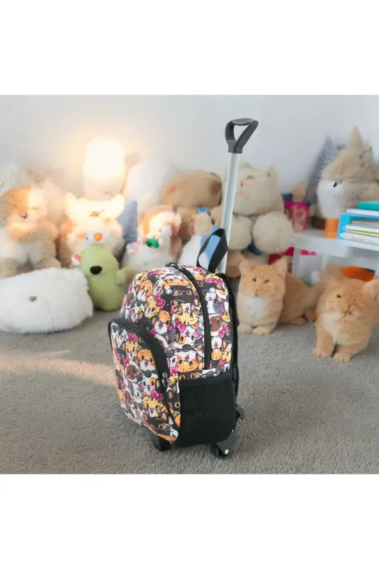 Children's Kindergarten Nursery Wheeled Bag 2 Compartments with Water Bottle Pocket Daily Use Printed Preschool Bag-Colorful Cat - 8