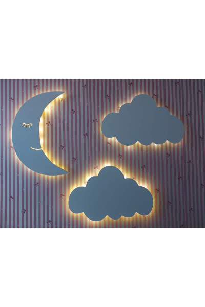 Children's Room Decorative Lighting 2 Clouds And 1 Moon Wooden Figure Baby Gift - 2