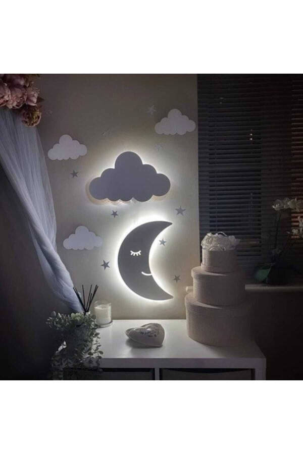 Children's Room Decorative Wooden Moon and Cloud Night Light LED Lighting Wall Decoration - 1